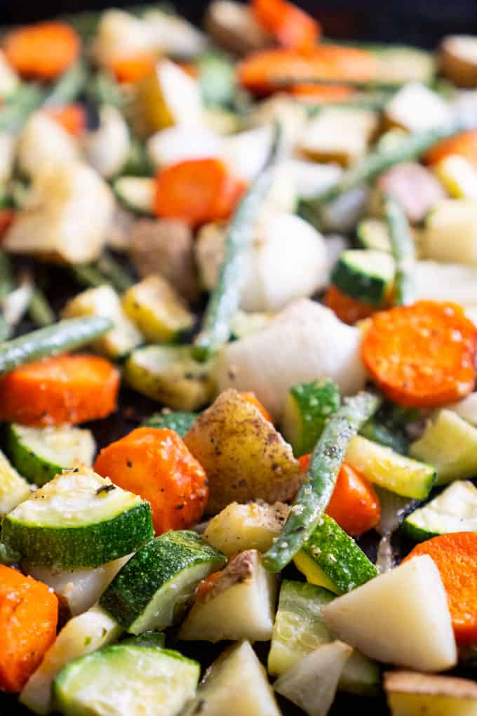 oven roasted vegetables on baking pan