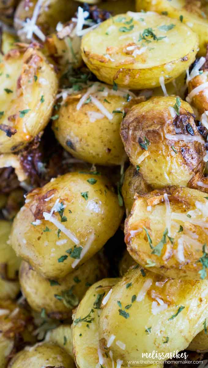 A close up of parmesan roasted potatoes 