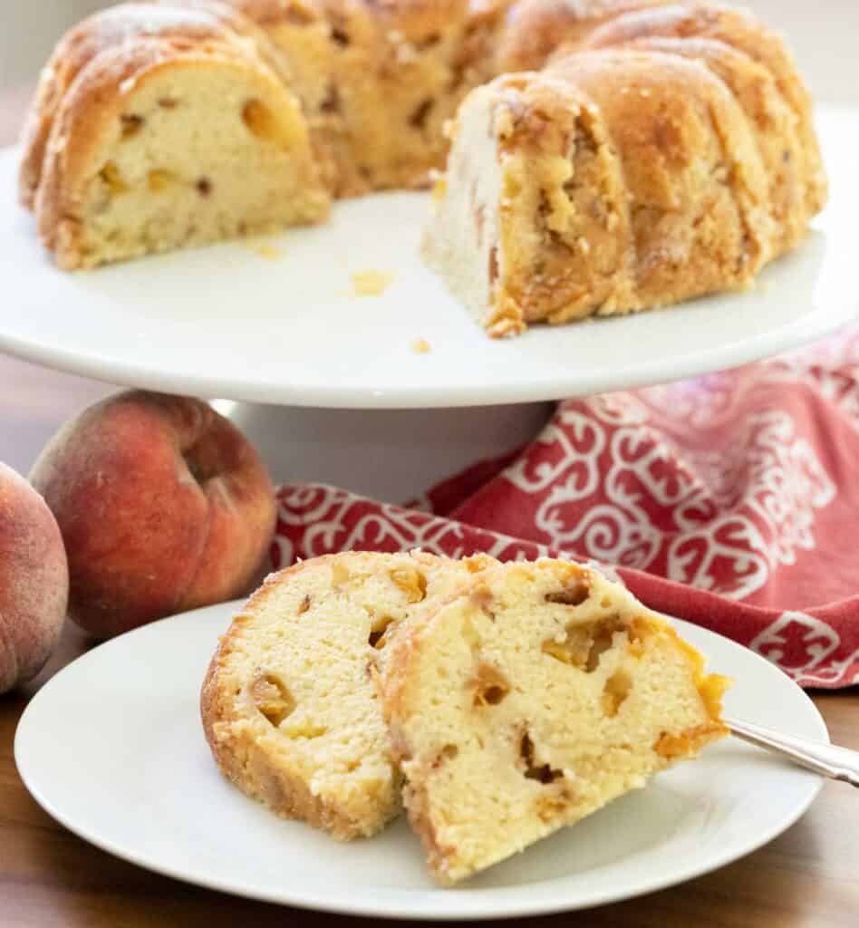 slices of peach pound cake on plate