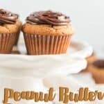 peanut butter cupcake text over photo of cupcake with chocolate frosting on white pedestal