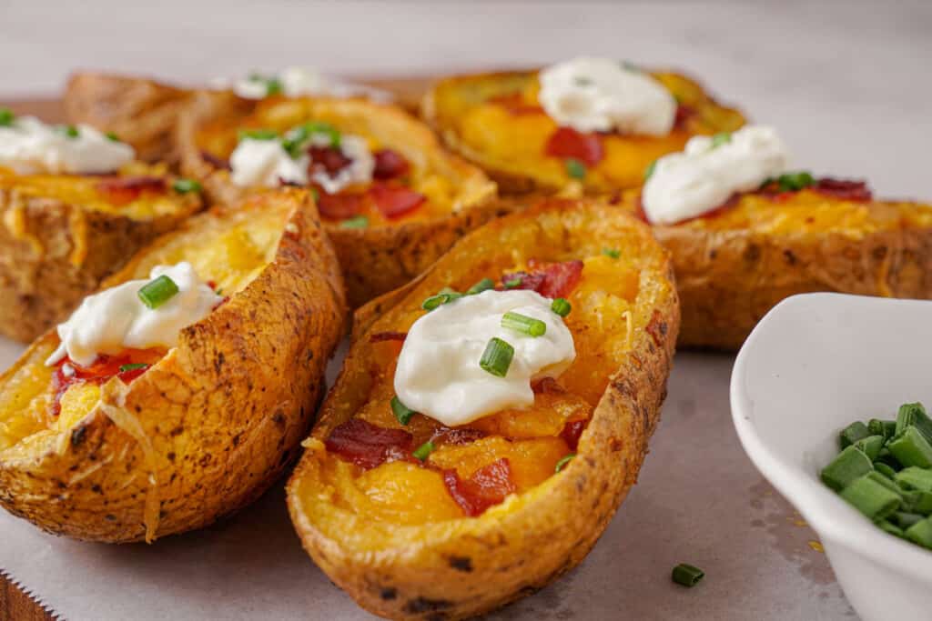 close up of potato skins with sour cream