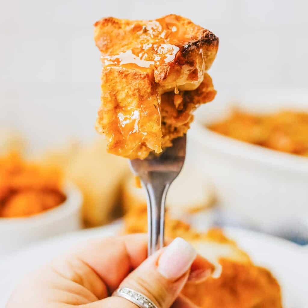 bite of pumpkin bread pudding on fork