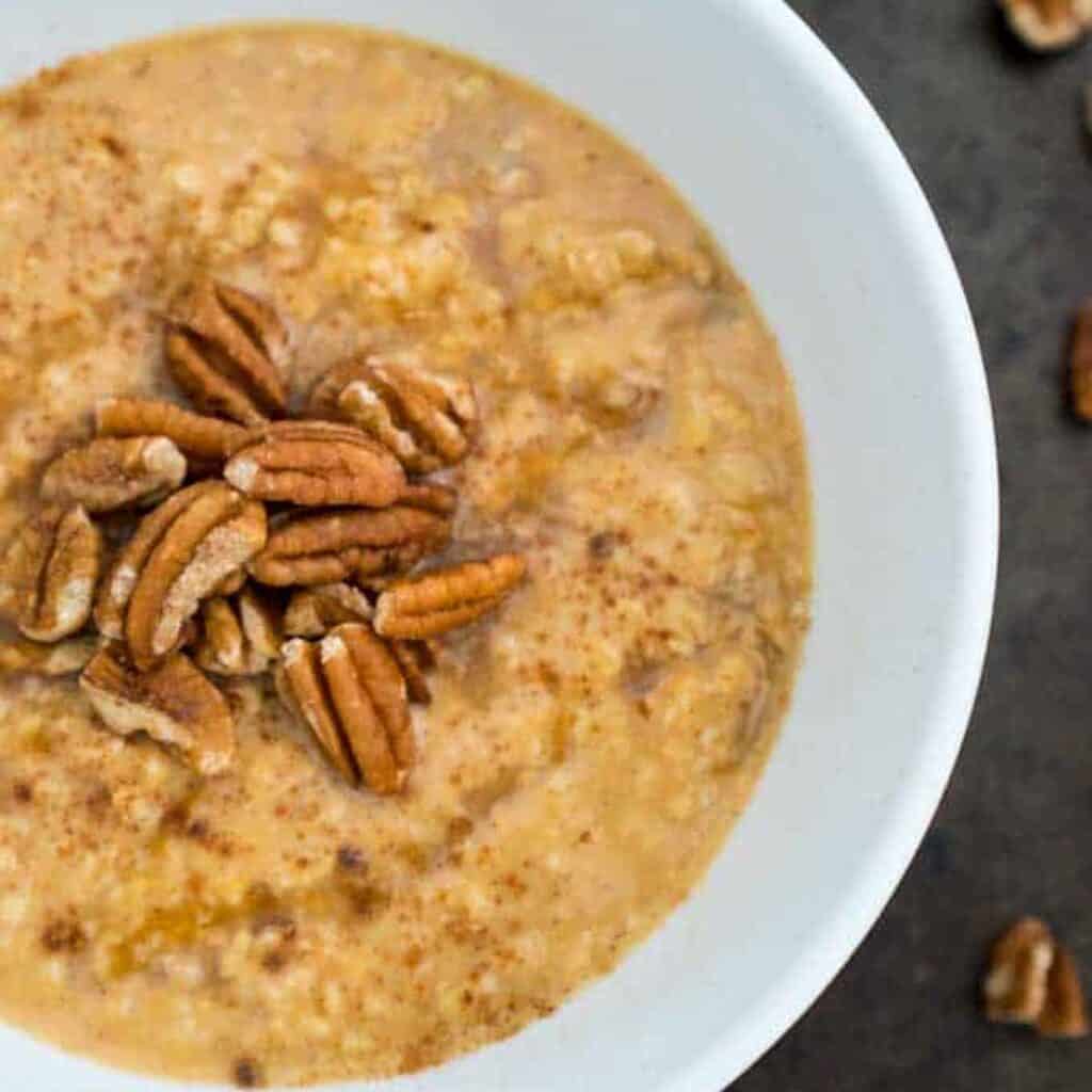 pumpkin pie oatmeal in white bowl