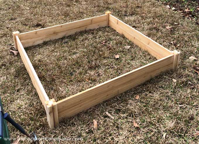 raised wooden garden bed in grass before filling with dirt