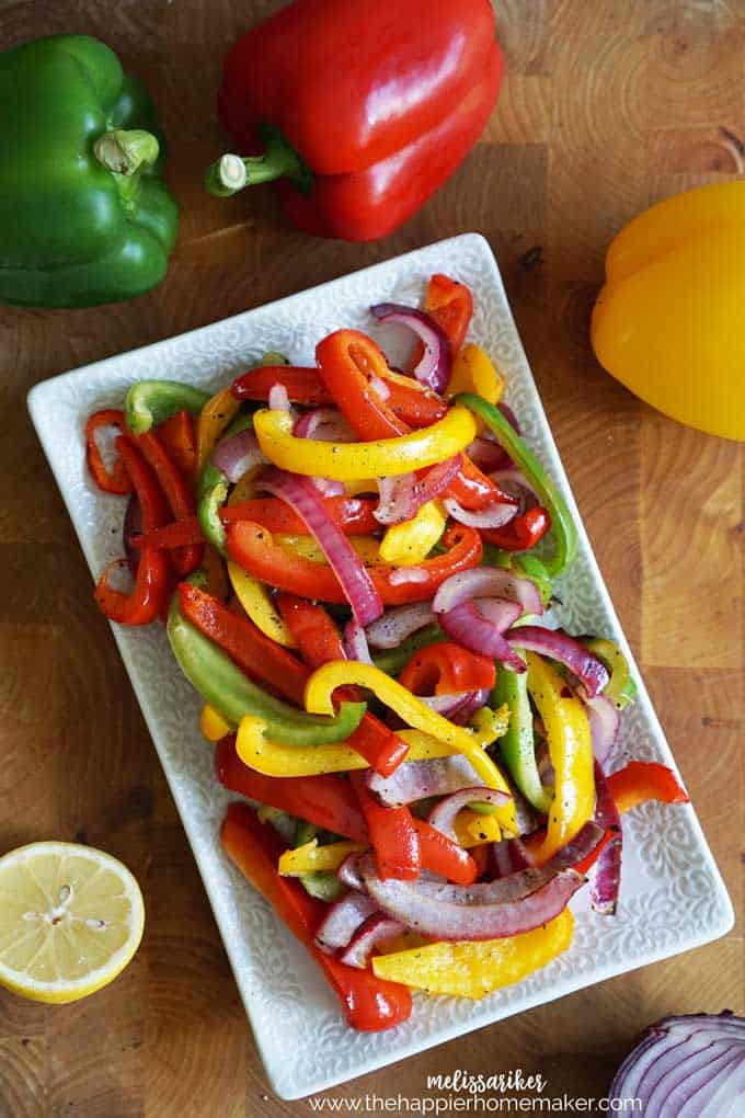 roasted bell pepper slices on white rectangle plate