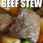 close up of slow cooker beef stew with text overlay