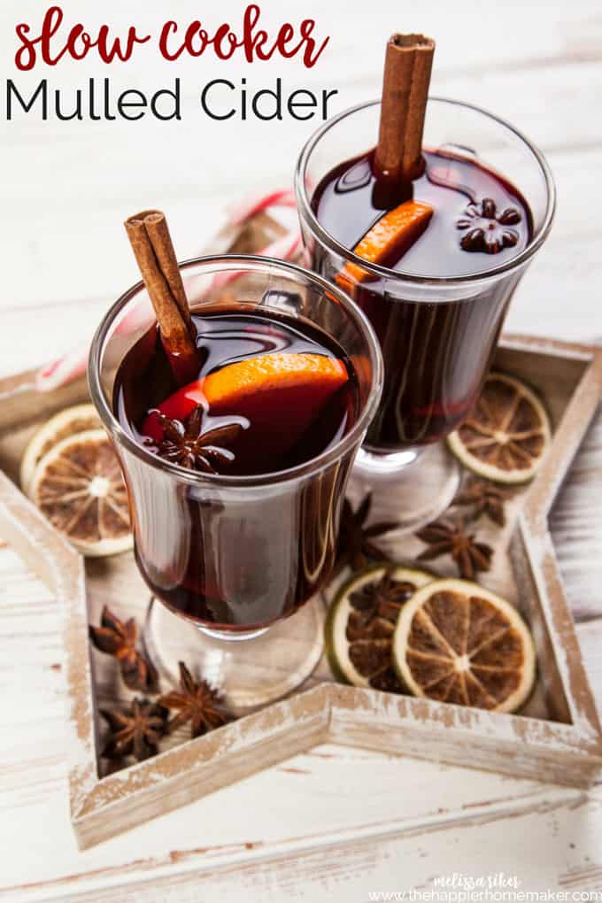 Two glasses of slow cooker Mulled Cider on a star shaped tray