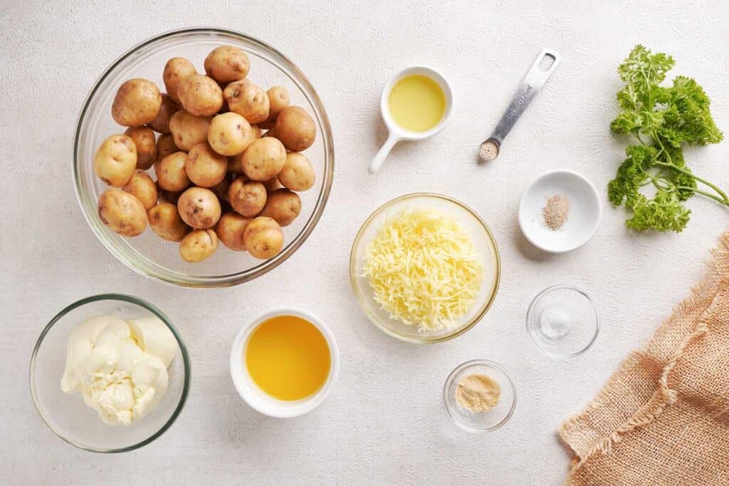 smashed potato ingredients on white counter