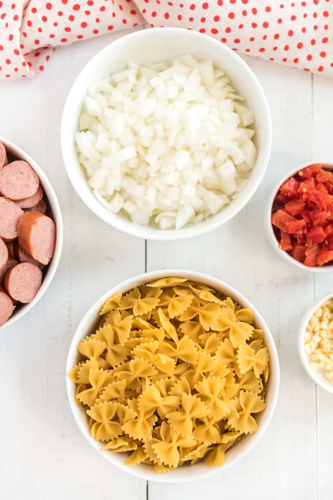 overhead view of spicy sausage pasta ingredients