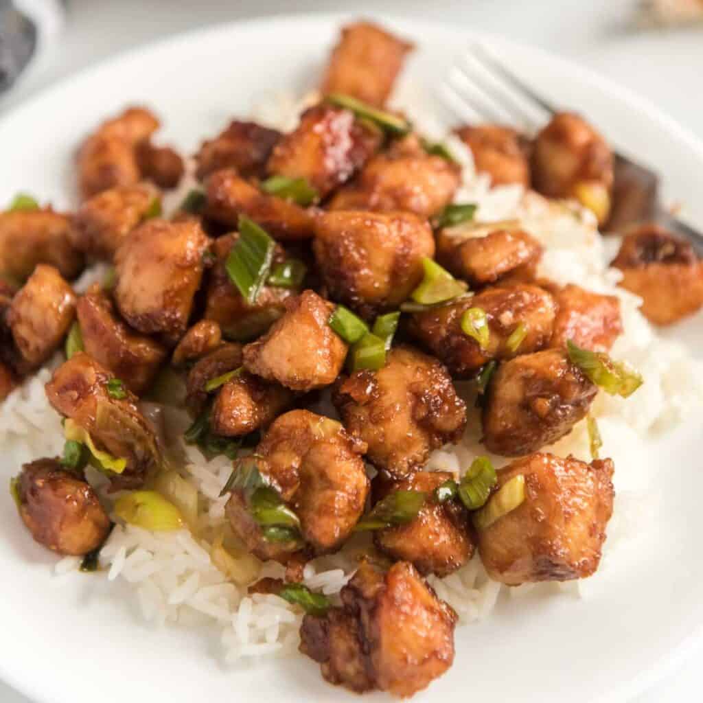 szechuan chicken over rice on white plate with green onion