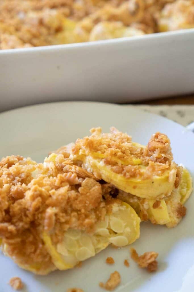 southern squash casserole on a white plate