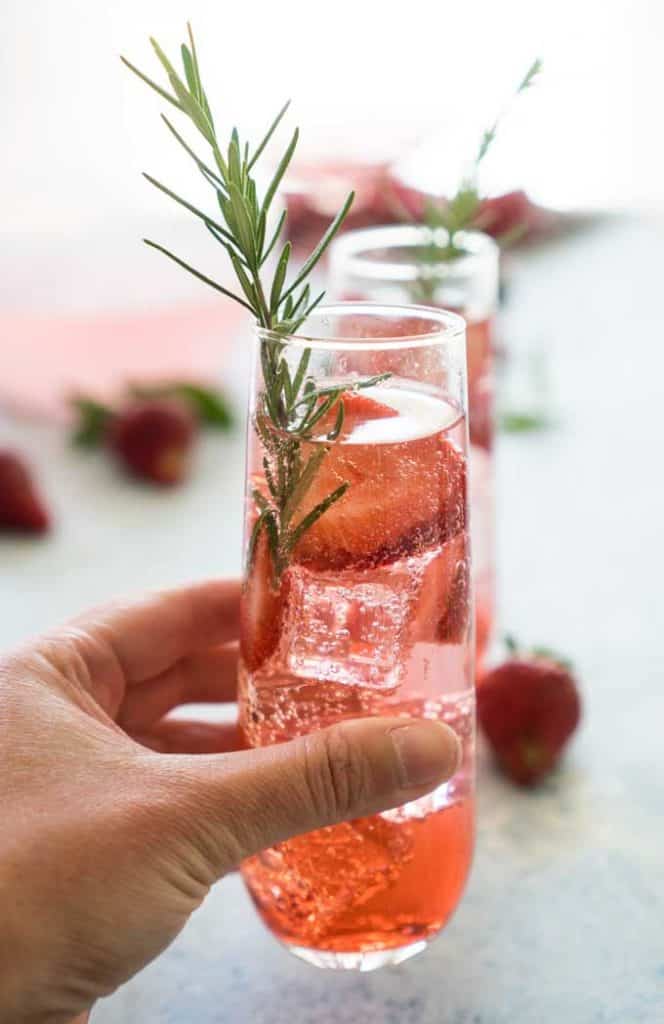 sparkling strawberry sangria with rosemary and rose wine