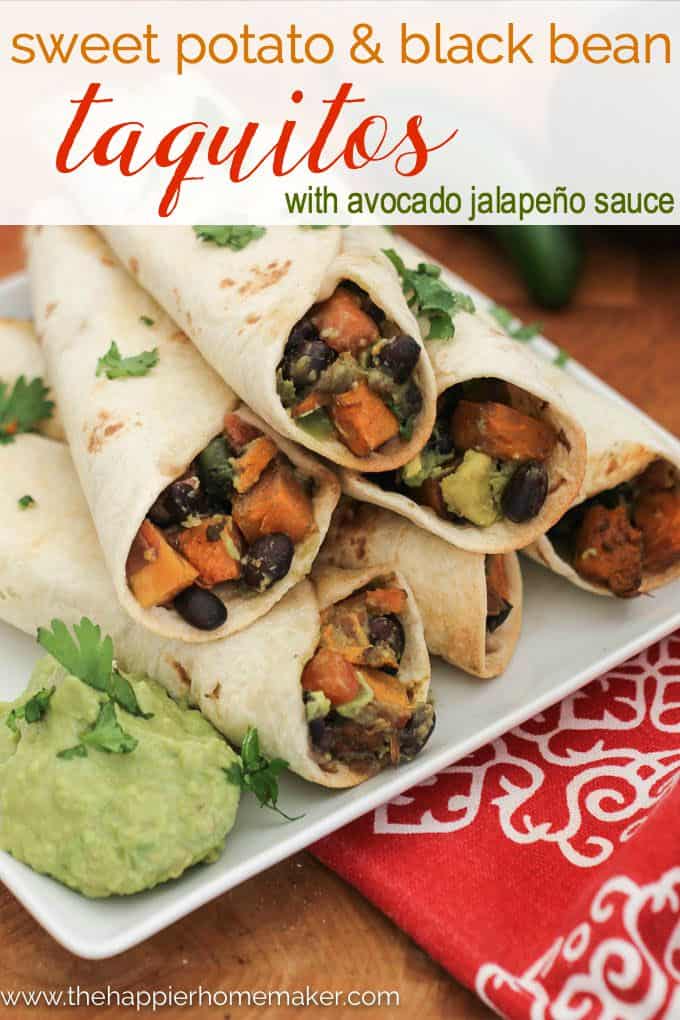Sweet Potato & Black Bean Taquitos Recipe with Avocado Jalapeño Sauce