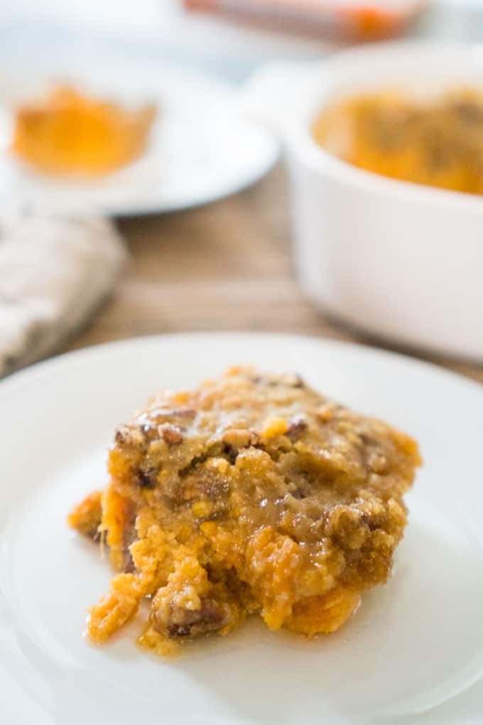 sweet potato casserole recipe on white plate