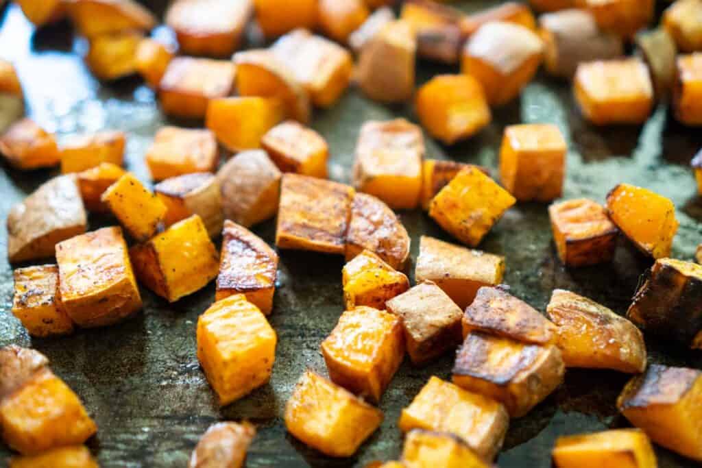 roasted sweet potatoes on baking sheet