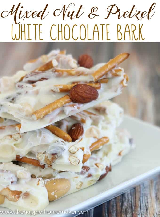 stacked pieces of white chocolate pretzel and nut bark