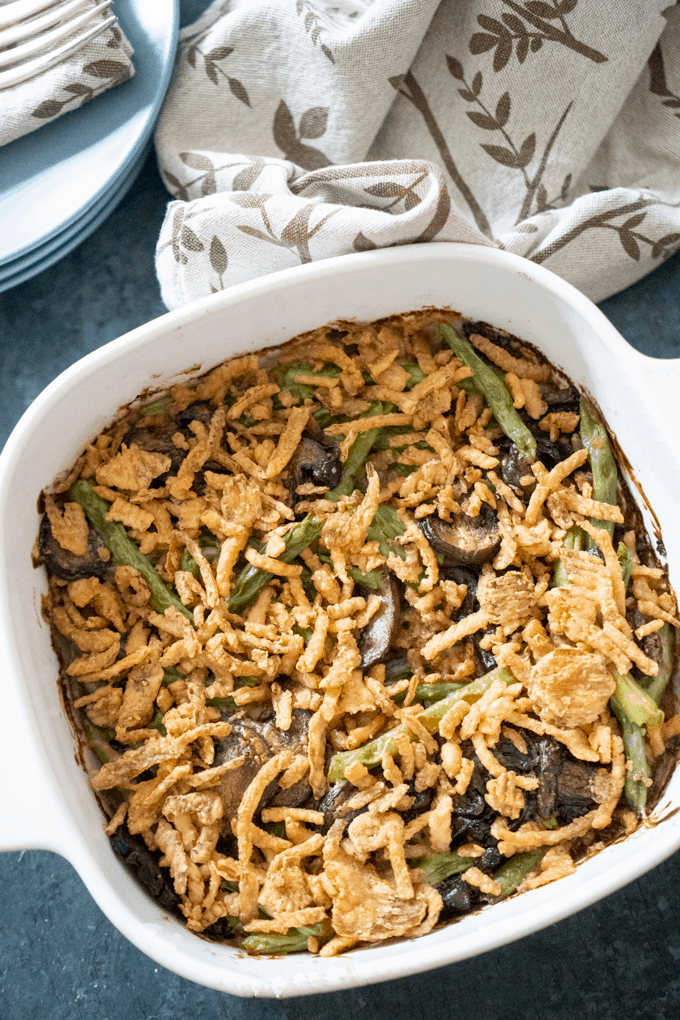 A casserole dish with Green bean Casserole inside.