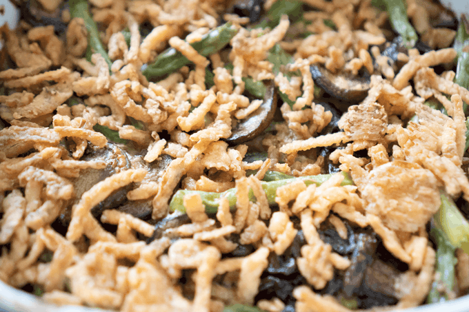 A close up of a green Bean casserole 